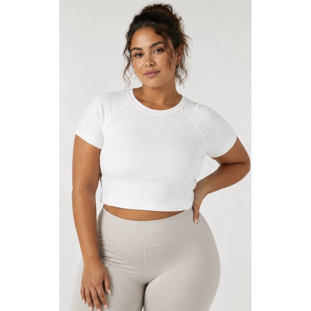 Beyond Yoga XL White Ribbed Cropped Short Sleeve Top NWT MSRP $68  AthLeisure